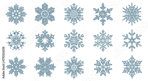 Collection of intricate blue and green ornamental snowflake designs on a white background