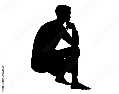 a silhouette of a man sitting with his chin resting on his handblack, floor, hand, jaw, man, profile, sit, squat, stool 
