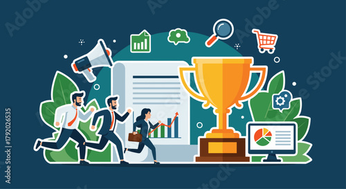 Dynamic business team racing towards success and a winning trophy in a competitive market, showing growth and achievement with data analysis