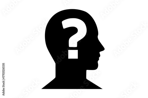 a silhouette of a human head with a question mark insideblack, brain, flat, head, icon, illustration, key, lock, man, person, profile 