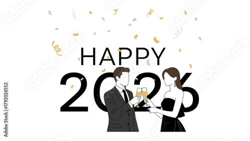 Celebrating New Beginnings: A stylish couple toasts to a new year, their champagne glasses clinking together amidst a shower of confetti, set against a clean, modern backdrop. 