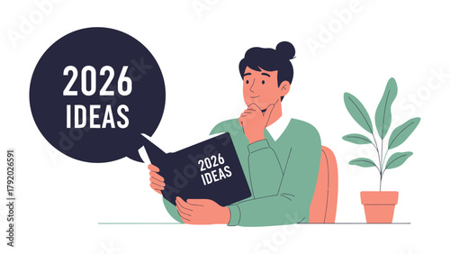 A Glimpse into the Future: A contemplative individual immersed in the pages of an idea-filled journal, envisioning and planning for the year 2026.