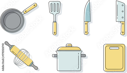 A collection of essential kitchen utensils and cookware, including a frying pan, spatula, knives, rolling pin, pot, and cutting board.