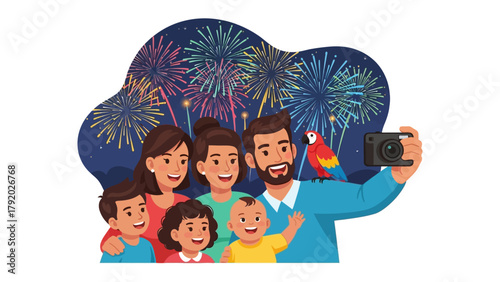 Celebratory Family Selfie: A cheerful family captures a moment of joy during a vibrant firework display, commemorating togetherness and festive cheer.