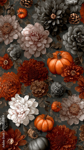 Autumnal floral arrangement featuring pumpkins and decorative elements. The composition evokes warmth and the spirit of fall season