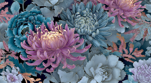 Close-up view of beautiful chrysanthemum flowers in full bloom, showcasing their vibrant colors and intricate details. The different shades create an interesting composition