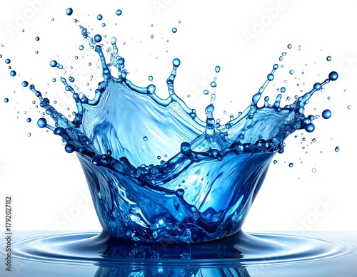 Digitally created crown splash of blue water against white background
