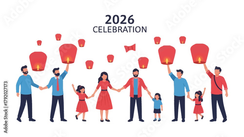 Sky Lanterns Celebration 2026: Families releasing traditional sky lanterns, a symbol of hope and unity, against the backdrop of an auspicious celebration in 2026. This illustration conveys joy.