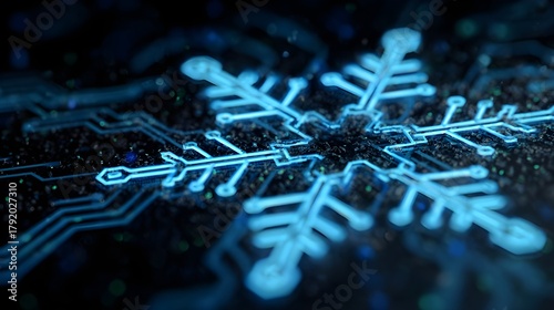 Digital Snowflake on a Microchip with Glowing Blue Circuit Lines, Macro Shot
