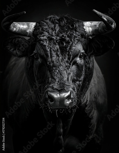 Dramatic monochrome portrait of a powerful, menacing bull