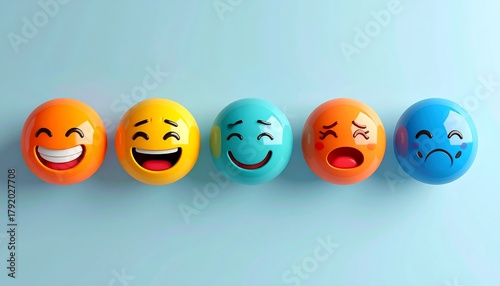 Five colorful spheres with different emoji faces lined up. The emotions depicted range from happiness to sadness, against a blue backdrop