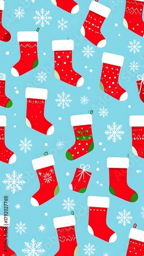 Festive arrangement of holiday stockings and snowflakes on a light blue background. A small gift adds to the seasonal theme