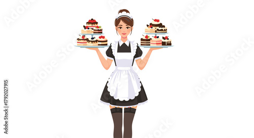 Elegant maid serving delicious desserts cakes with berries and chocolate, perfect for bakery promotions or sweet treat advertisements