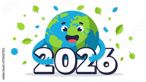 Earth's Celebration for the New Year: A cheerful globe embracing the numbers of the upcoming year, surrounded by lively confetti and leaves, to symbolize new beginnings and environmental optimism.