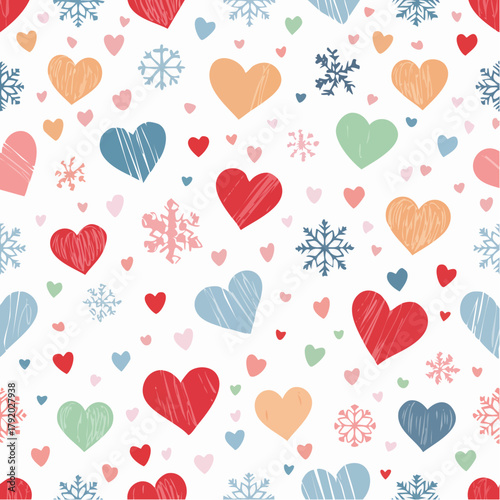 A charming seamless winter pattern featuring a variety of colorful, textured hearts and delicate blue snowflakes on a white background