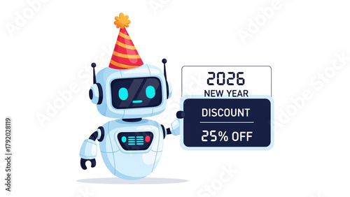 Robotic Discount: A futuristic robot mascot decked out for the new year, offering a tempting 25% discount.