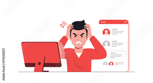 Frustrated professional experiencing social media overload, struggling with online negativity and digital anxiety in the modern world