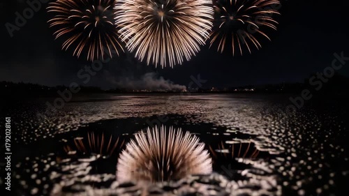 Fireworks display illuminating the night sky over a dark landscape