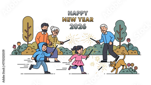 Joyful New Year Celebration: A family merrily welcomes the New Year, igniting sparklers in a vibrant display of joy and togetherness. Capturing the spirit of unity and excitement.