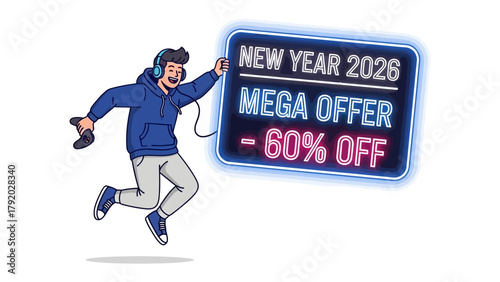 Digital Celebration: Gaming offer in New Year 2026, Happy person jumping with excitement 