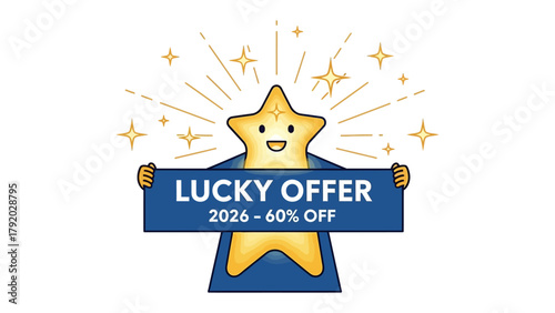 Lucky Star Offer: A cheerful star character holds up a banner advertising a Lucky Offer, highlighting a significant discount, creating a sense of excitement and anticipation for potential savings.