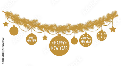 Golden christmas garland with ornaments and stars for happy new year celebration
