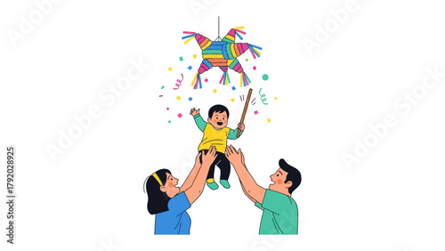 Pinata Party Delight: An illustration showing a child's delight as his parents toss him upwards during a festive pinata party, filled with colorful streamers and confetti