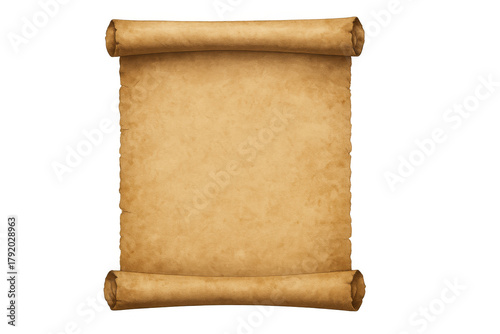 Scrolling parchment paper document with blank copy space, ancient brown vintage manuscript for education or history concept