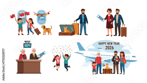 Travel Ready: A collection of illustrations depicting families embarking on a journey, showcasing various scenes related to travel and the excitement of new experiences.