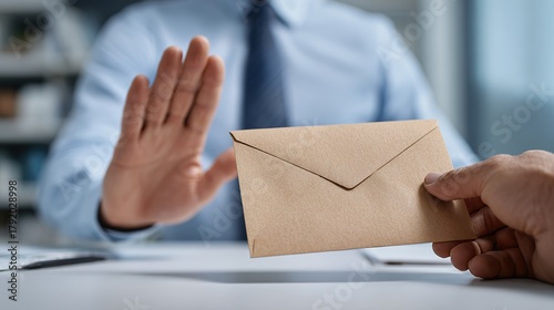 Businessman refusing brown envelope bribe at white office desk, raising hand in rejection gesture, symbolizing anti-corruption, integrity, and honesty concept for International Anti-Corruption Day