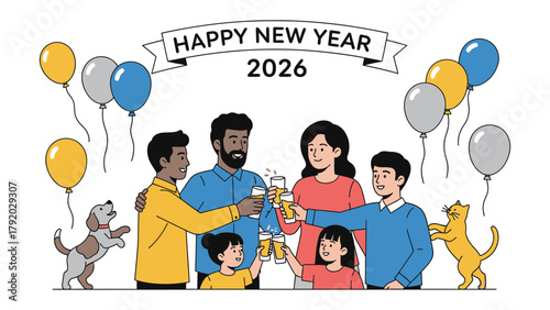 Happy New Year 2026: A vibrant and heartwarming illustration depicting a diverse family and their pets, toasting with glasses to celebrate the arrival of 2026, surrounded by colorful balloons.
