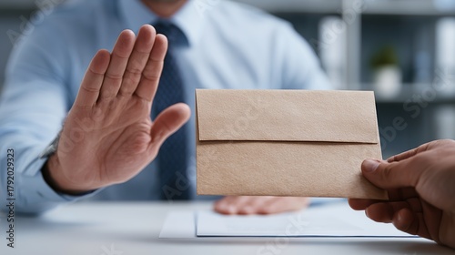 Businessman refusing brown envelope bribe at white office desk, raising hand in rejection gesture, symbolizing anti-corruption, integrity, and honesty concept for International Anti-Corruption Day