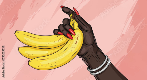 Elegant hand holding ripe bananas against a textured pink background artwork style on transparent background