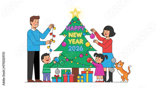 Family's Christmas Preparation: A joyful family gathers around a Christmas tree, adorning it with festive ornaments. Capturing a moment of togetherness and excitement for the year ahead.