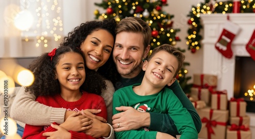 Joyful multiracial family portrait: Black mother, Caucasian father, mixed-race daughter, and Caucasian son celebrating Christmas at home.