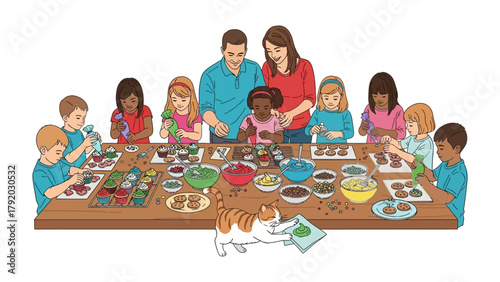 Baking Bliss: A family and children joyfully decorate cupcakes together, fostering creativity and togetherness in the warm embrace of the kitchen.