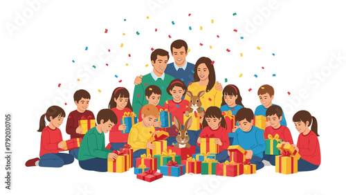 Family Celebrates: A large family gathers, surrounded by gifts and festive confetti, embodying the joy and love of togetherness. Capturing the spirit of shared celebration, happiness and closeness.