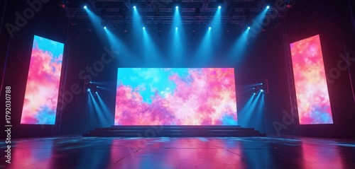 Empty pro stage setup features multiple huge glowing LED screens. Dynamic abstract colorful cloud patterns display on bright digital video panels. Intense blue spotlights beam down, creating vibrant