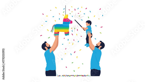 Pinata Party: A moment of pure joy unfolds as a child, held high by an adult, prepares to break a colorful pinata, unleashing a cascade of confetti and celebration.
