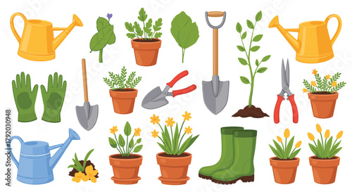 Cheerful tools and plants perfect for spring projects and outdoor fun with watering cans and vibrant flowers