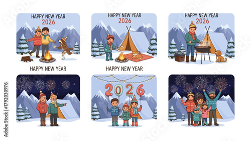 New Year Celebration: Set of illustrations to celebrate new year with beautiful scenery.