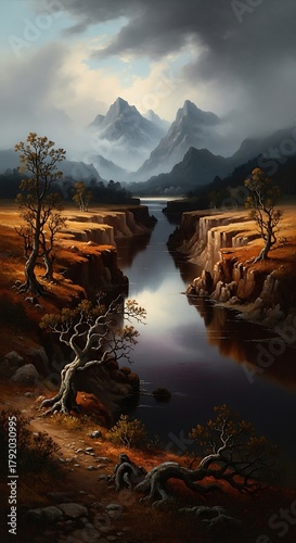 Serene River Valley Landscape with Distant Mountains and Dramatic Sky.