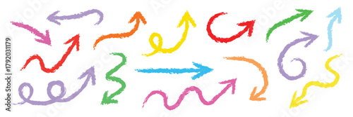 Crayon drawn colourful arrows. Hand drawn doodle arrow set. Transparent PNG and vector illustration.