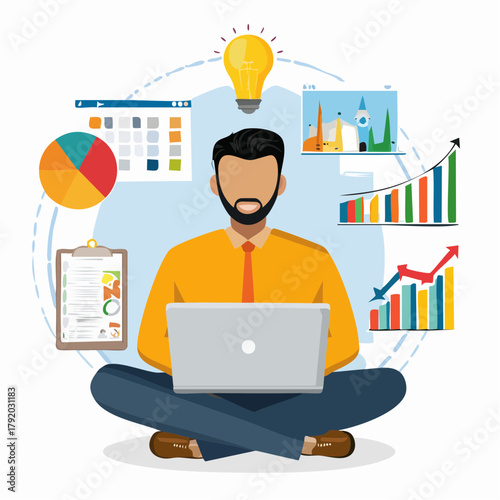 Businessman sitting with a laptop managing multiple tasks, from data analysis and project planning to creative idea generation for business growth