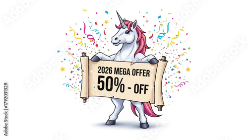 Mega Offer with a Mythical Touch: A whimsical unicorn proudly presents a banner announcing a special 50% Off mega offer for 2024, set against a backdrop of colorful confetti.