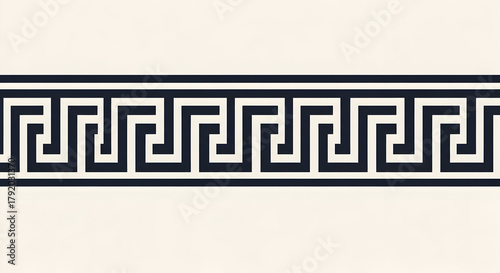 A close up shot of a black and white meander pattern design on a light cream colored background