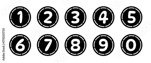 Collection of bullet points, number font icons. Vector set of bullet points numbers 0 to 9. Colored in black. Vector illustration.