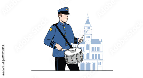 Energetic musician playing drums with city hall backdrop, perfect for illustrating community spirit and civic pride, inspiring a lively celebration