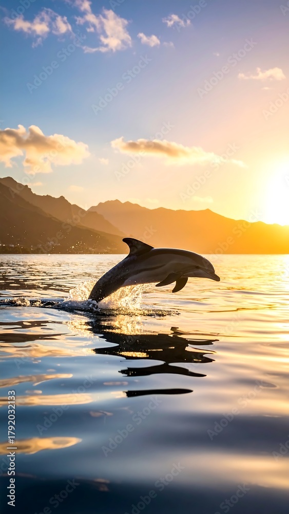 Fototapeta premium A dolphin leaps from the ocean, silhouetted against a golden sunset