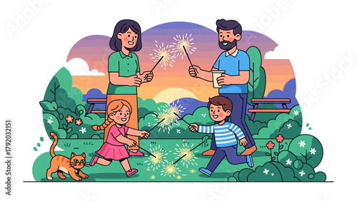 Family's Firework Fantasy: A cheerful family ignites the night with playful sparklers, painting streaks of light against a dusk canvas, celebrating joy and togetherness.